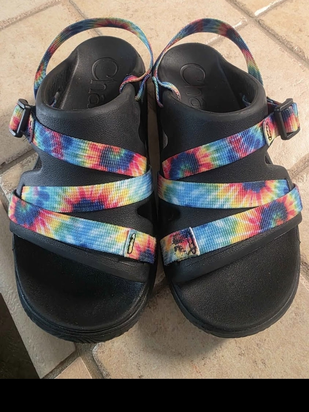 Chaco Kids Black Sandals with Rainbow Tie-Dye Straps
